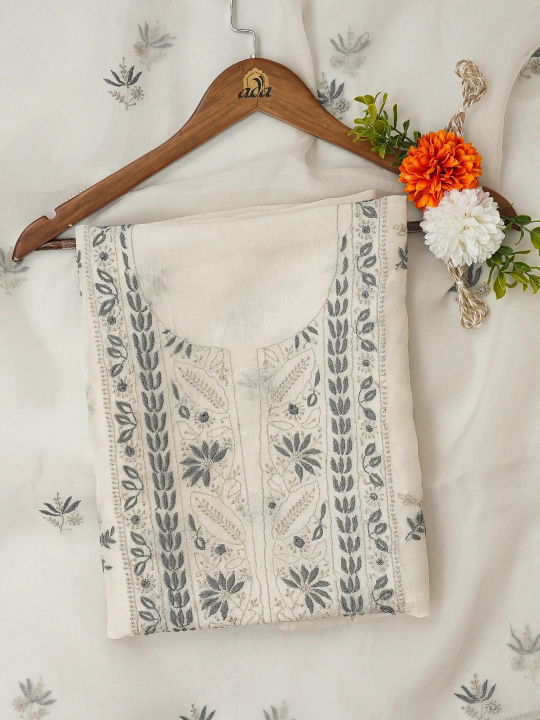 Ada Hand Embroidered White Organza Lucknowi Chikankari Unstitched Kurta Dupatta Set 01A650808