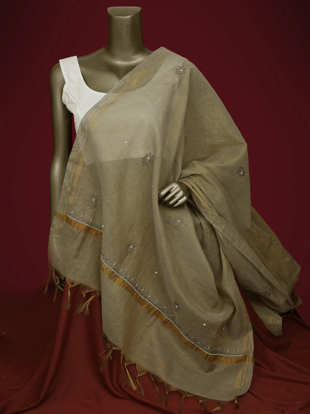 Ada Hand Embroidered Yellow Gray Tissue Lucknowi Chikankari Dupatta With Pearl Work 01A642796