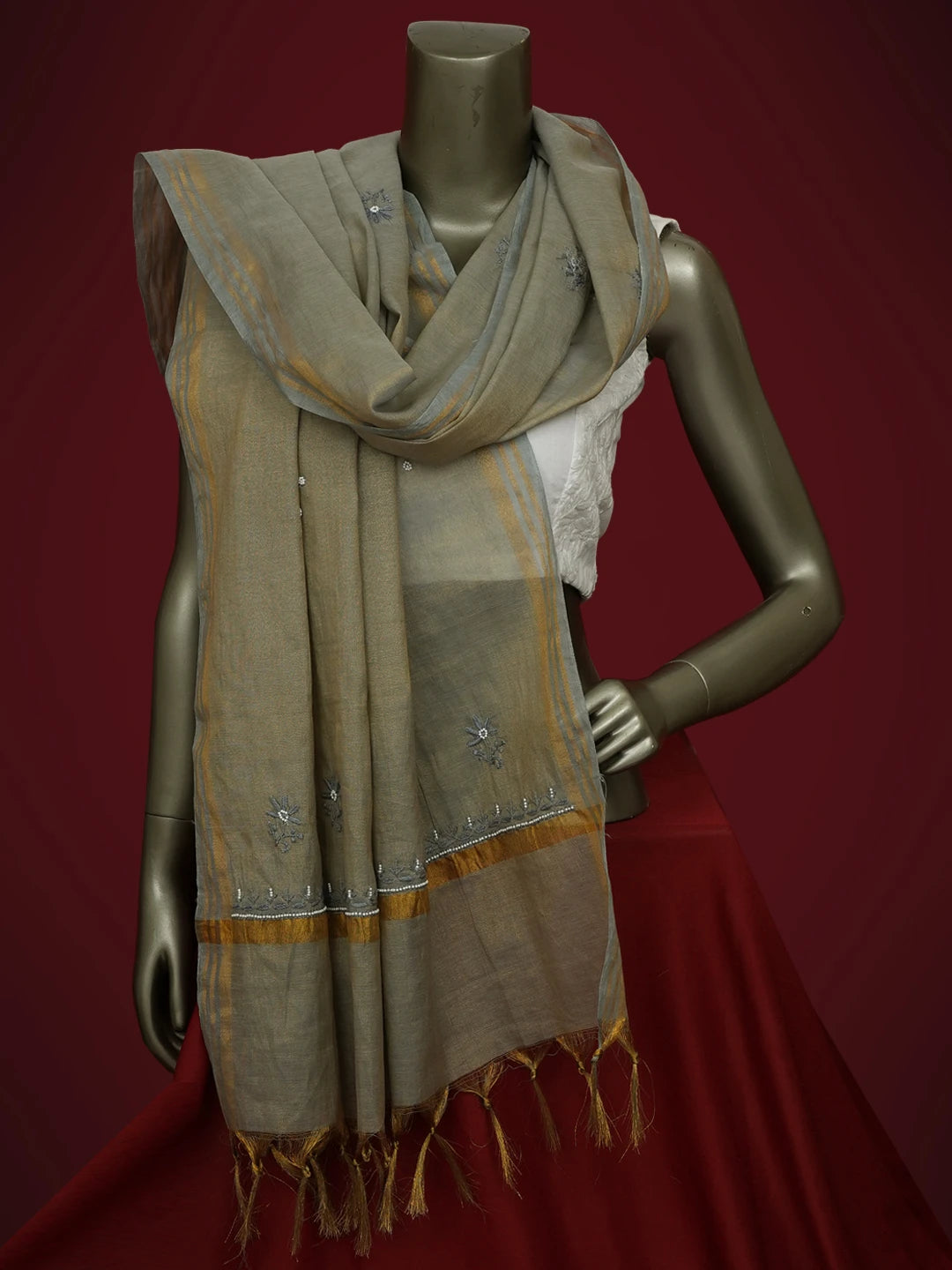 Ada Hand Embroidered Yellow Gray Tissue Lucknowi Chikankari Dupatta With Pearl Work 01A642796