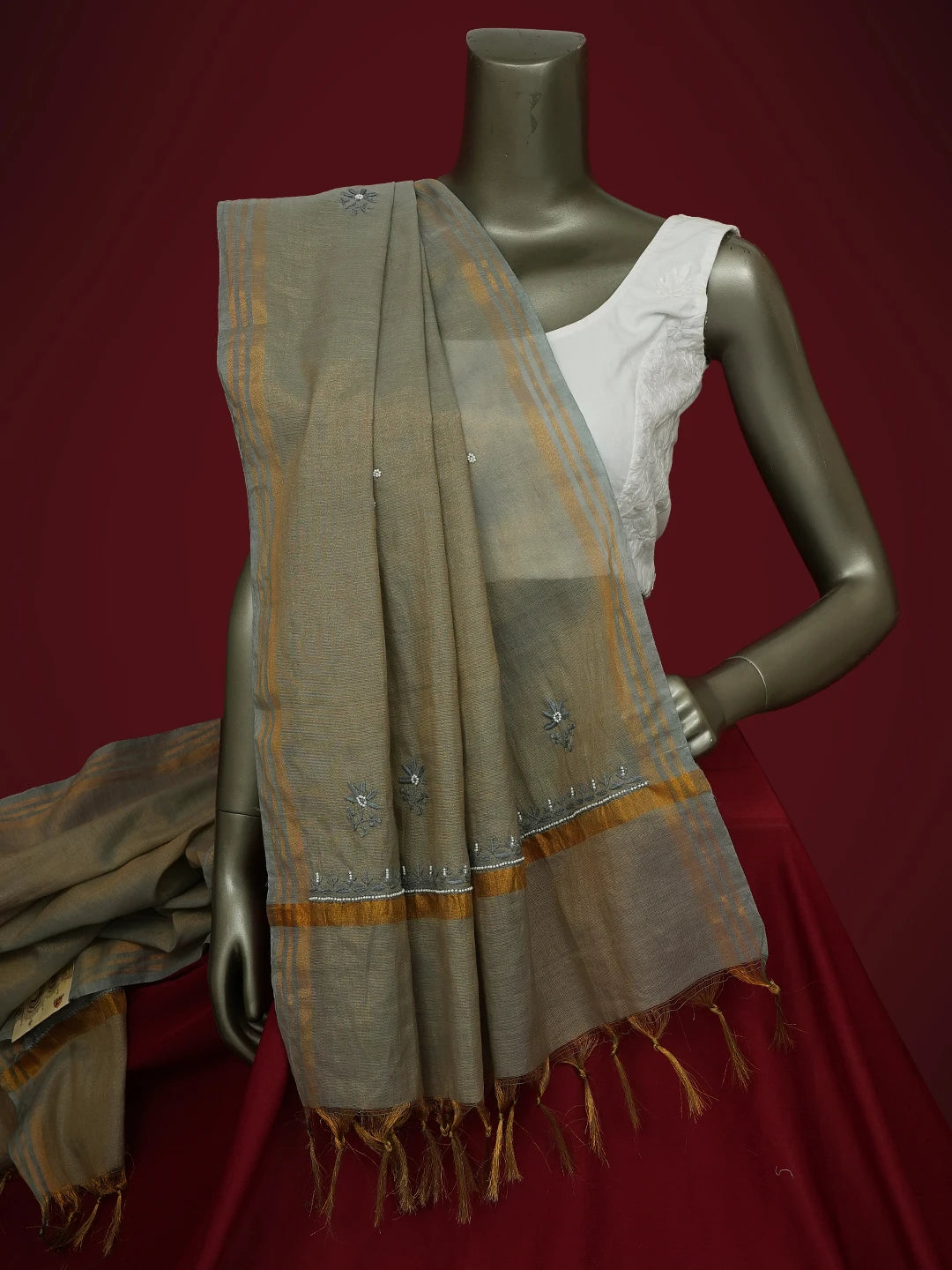 Ada Hand Embroidered Yellow Gray Tissue Lucknowi Chikankari Dupatta With Pearl Work 01A642796