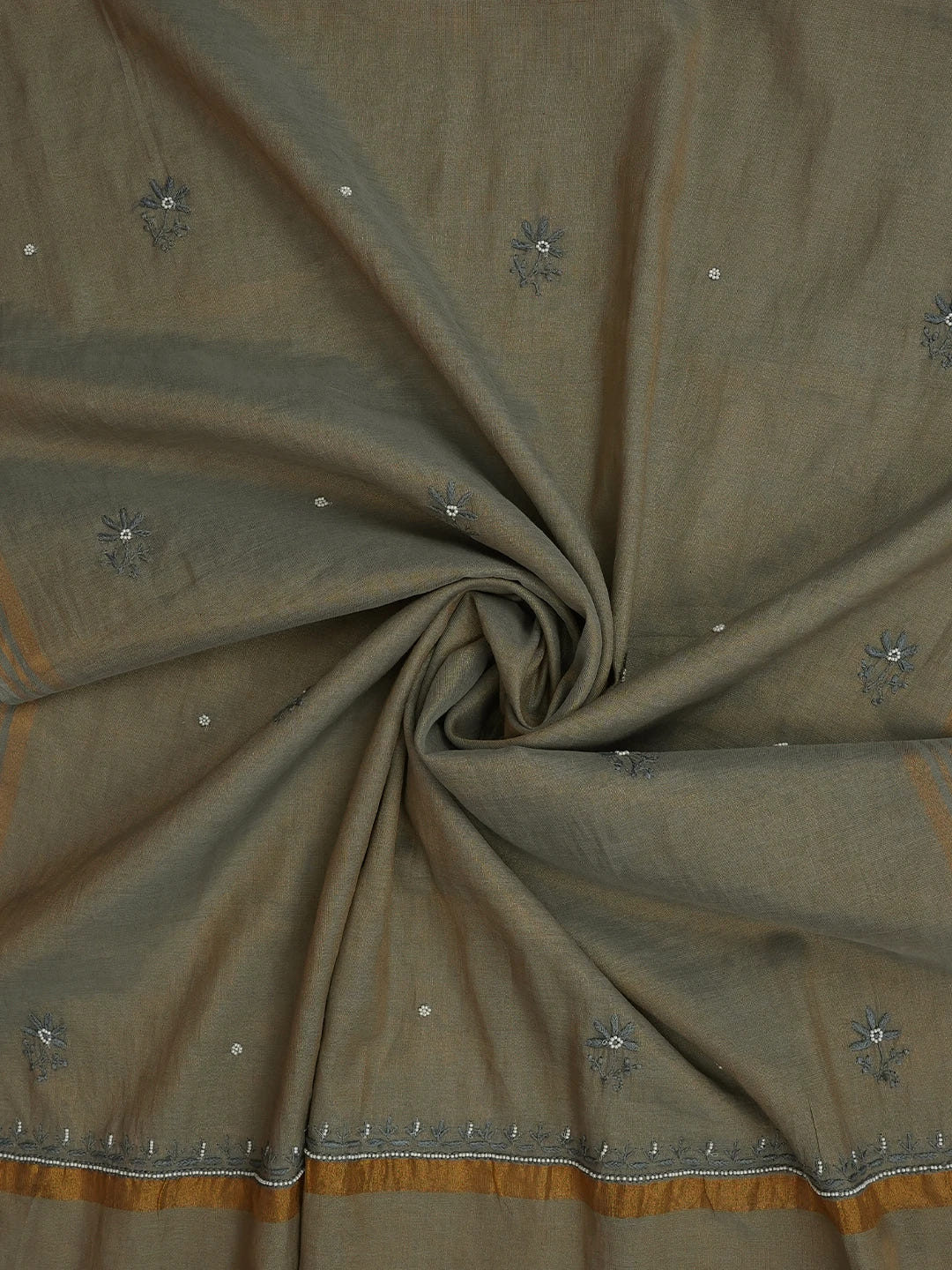 Ada Hand Embroidered Yellow Gray Tissue Lucknowi Chikankari Dupatta With Pearl Work 01A642796