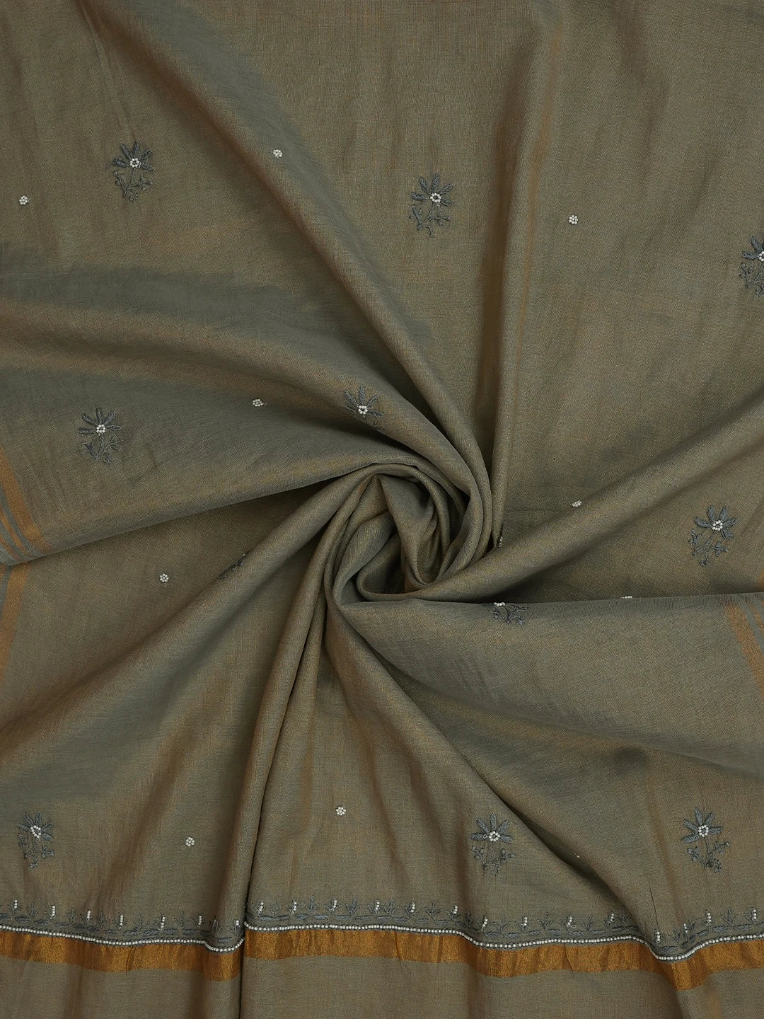 Ada Hand Embroidered Yellow Gray Tissue Lucknowi Chikankari Dupatta With Pearl Work 01A642796