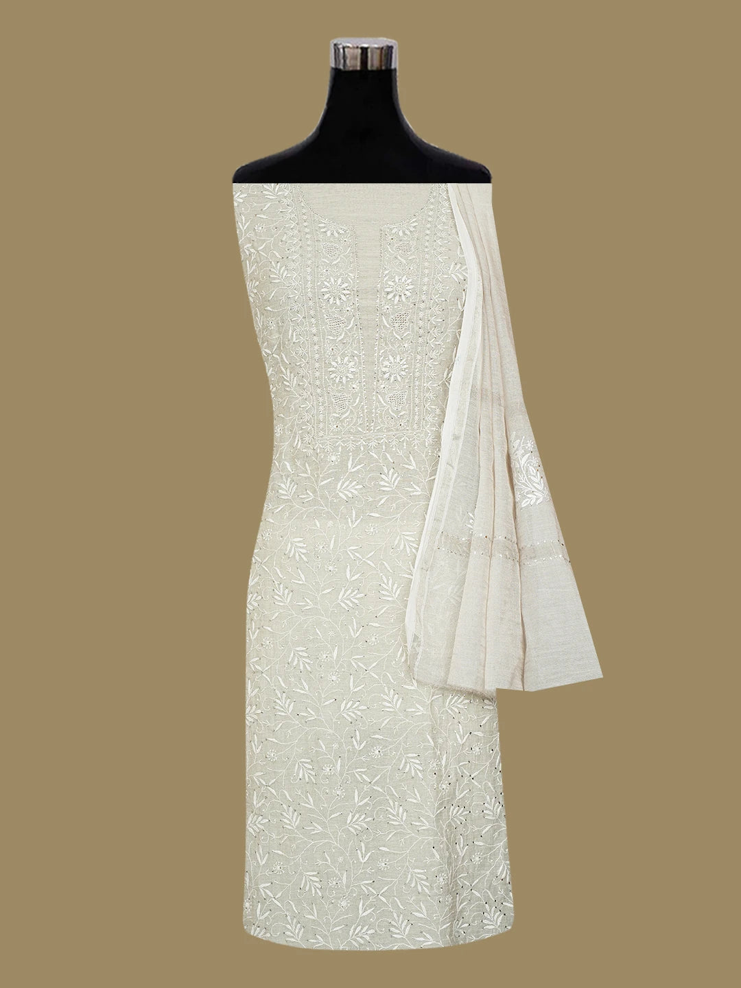 Ada Hand Embroidered Silver Grey Tissue Lucknowi Chikankari Unstitched Kurta Dupatta Set With Mukaish Work 01A705437