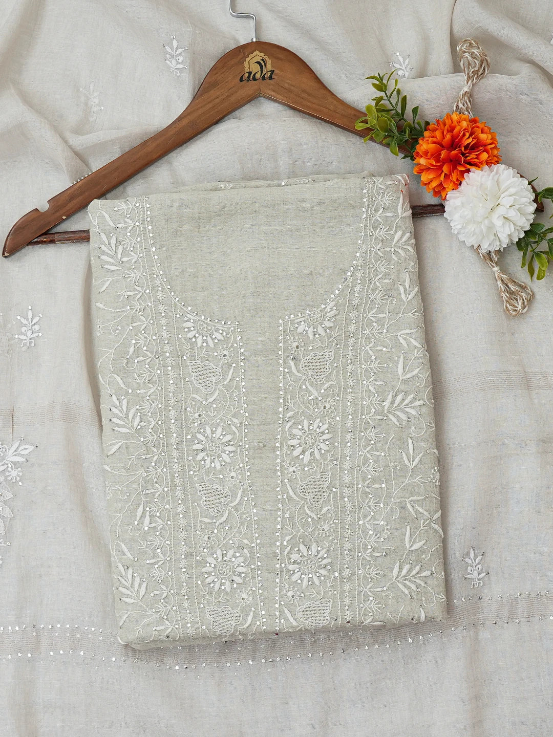 Ada Hand Embroidered Silver Grey Tissue Lucknowi Chikankari Unstitched Kurta Dupatta Set With Mukaish Work 01A705437