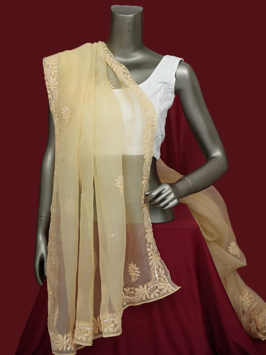 Ada Hand Embroidered Light Yellow Organza Lucknowi Chikankari Dupatta With Pearl Work 01A682652