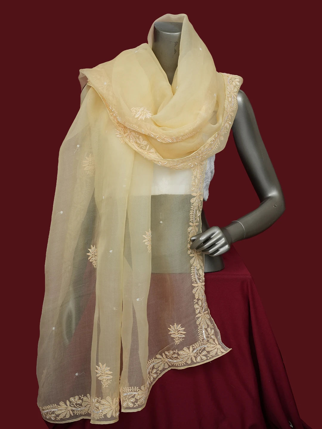 Ada Hand Embroidered Light Yellow Organza Lucknowi Chikankari Dupatta With Pearl Work 01A682652