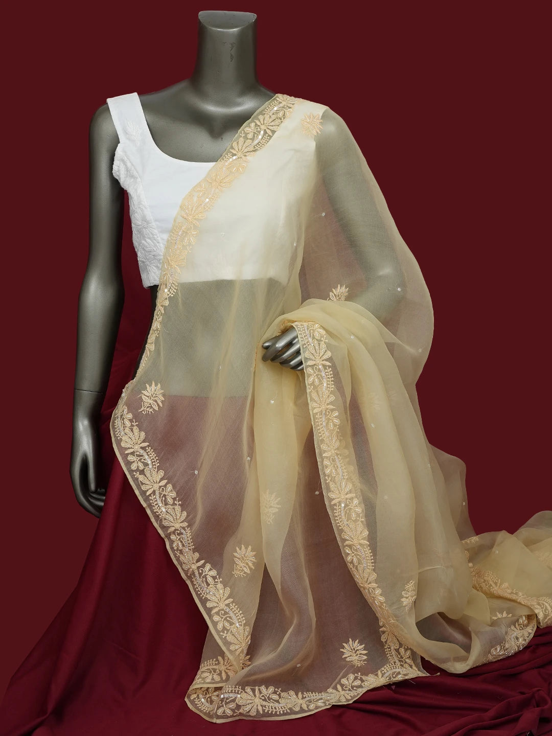 Ada Hand Embroidered Light Yellow Organza Lucknowi Chikankari Dupatta With Pearl Work 01A682652