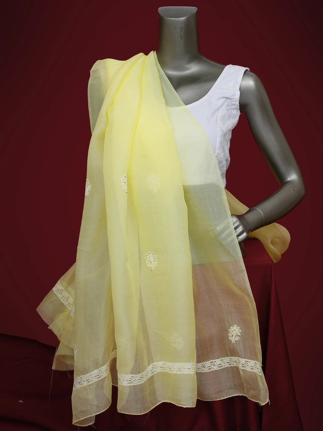 Ada Hand Embroidered Lemon Yellow Organza Lucknowi Chikankari Dupatta With Mukaish Work 01A584640