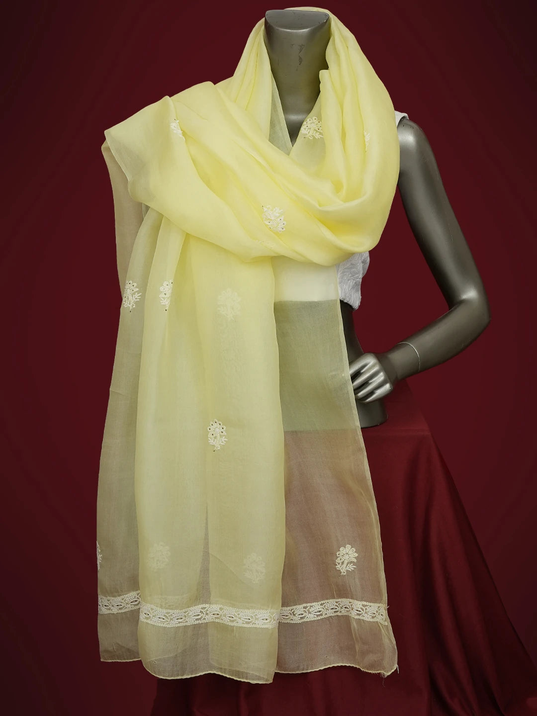 Ada Hand Embroidered Lemon Yellow Organza Lucknowi Chikankari Dupatta With Mukaish Work 01A584640