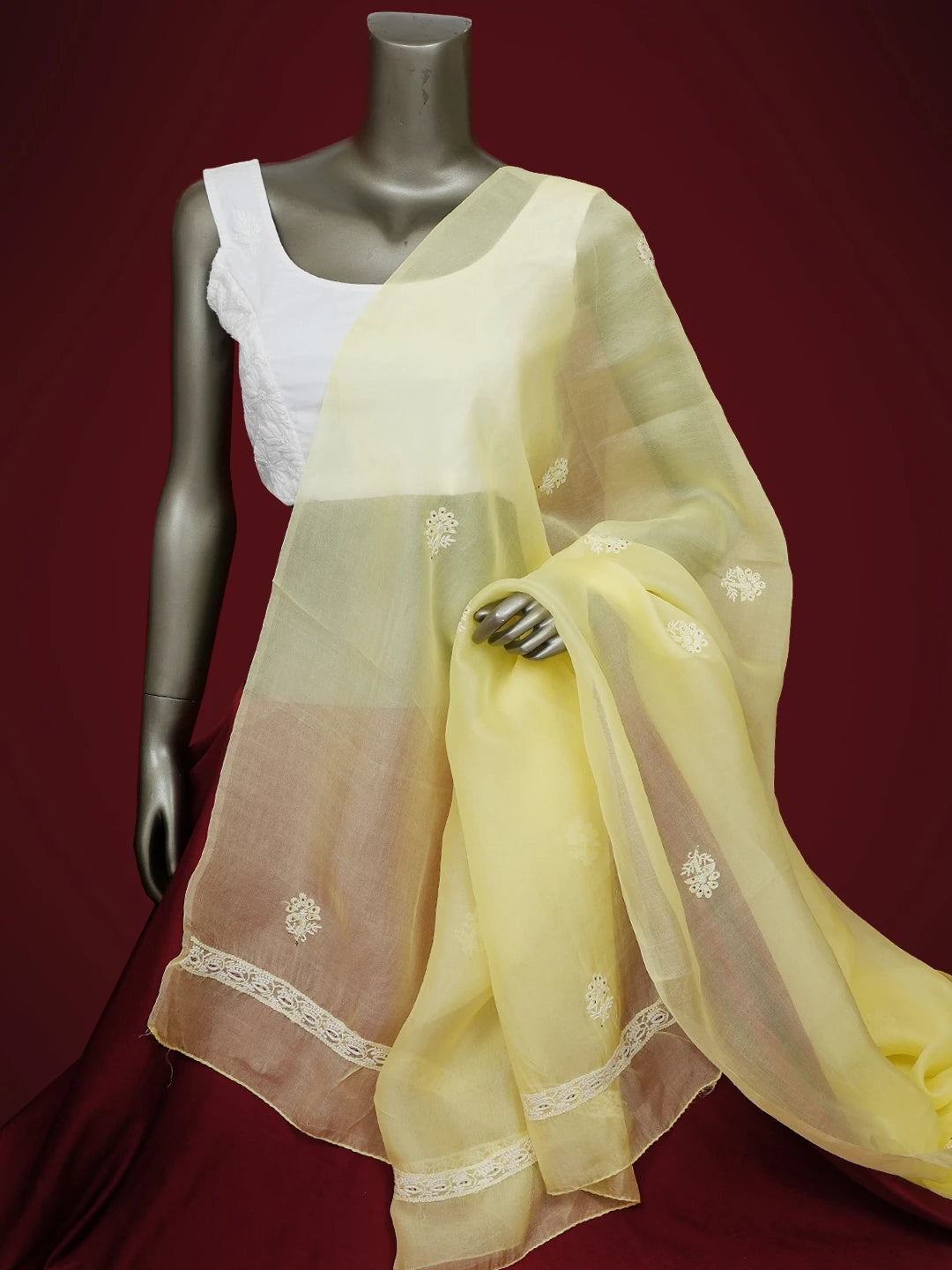 Ada Hand Embroidered Lemon Yellow Organza Lucknowi Chikankari Dupatta With Mukaish Work 01A584640