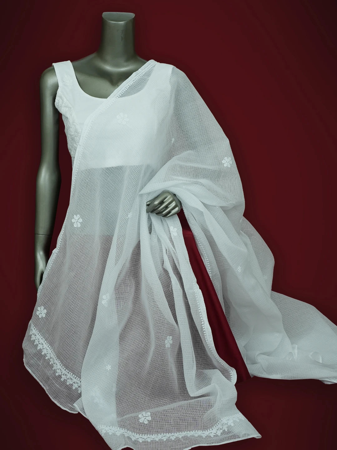 Ada Hand Embroidered White Kota Lucknowi Chikankari Dupatta 01A704442