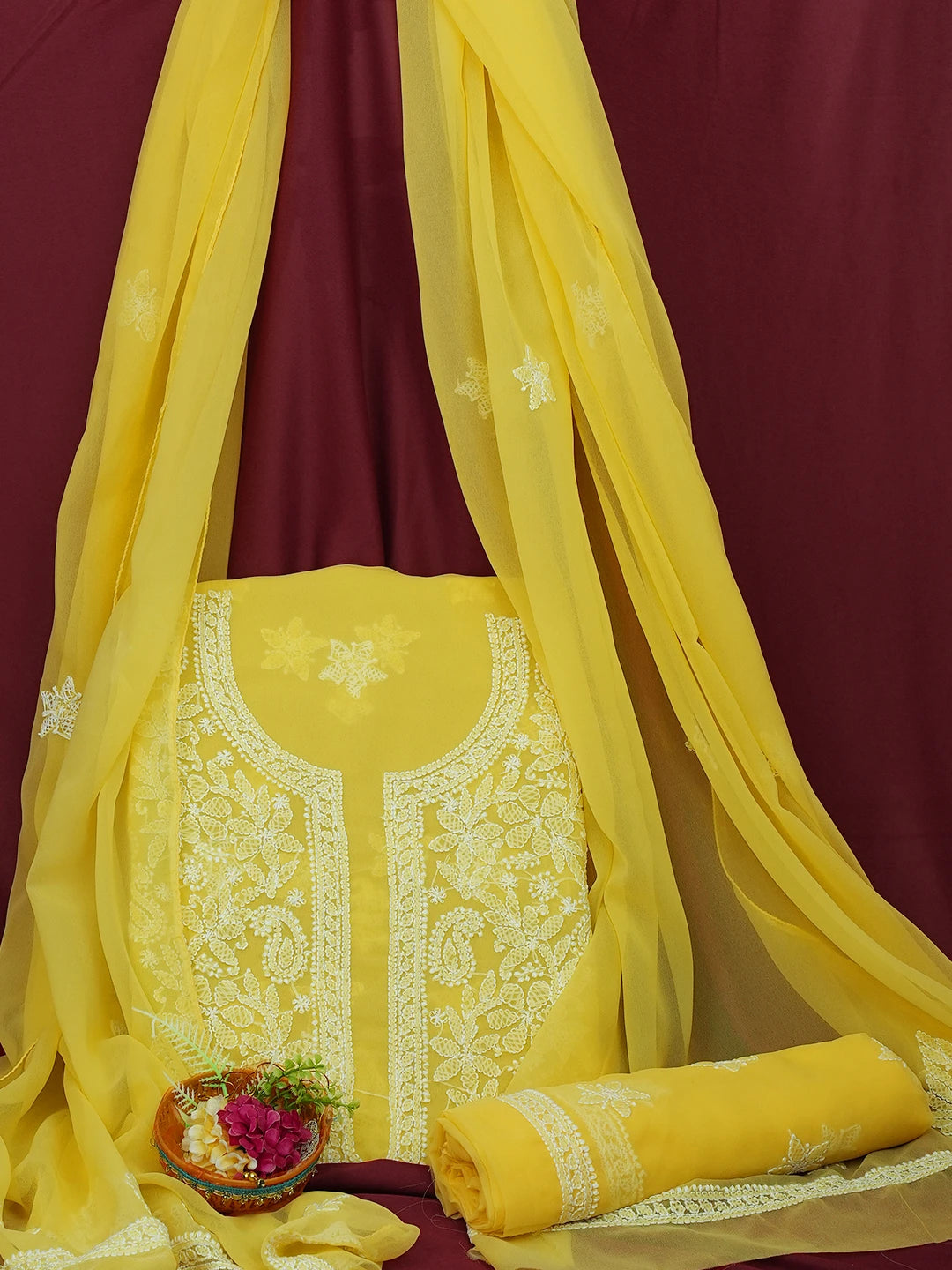 Ada Hand Embroidered Yellow Georgette Lucknowi Chikankari Unstitched Suit Piece 01A696557