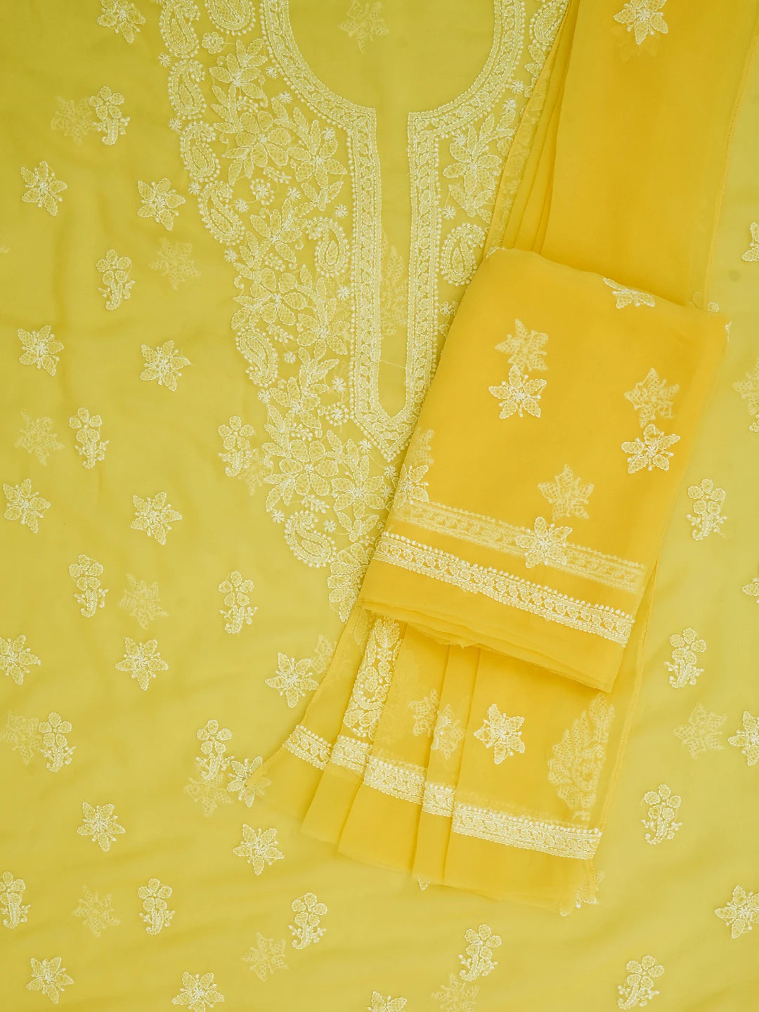 Ada Hand Embroidered Yellow Georgette Lucknowi Chikankari Unstitched Suit Piece 01A696557