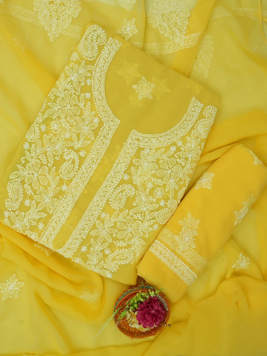 Ada Hand Embroidered Yellow Georgette Lucknowi Chikankari Unstitched Suit Piece 01A696557