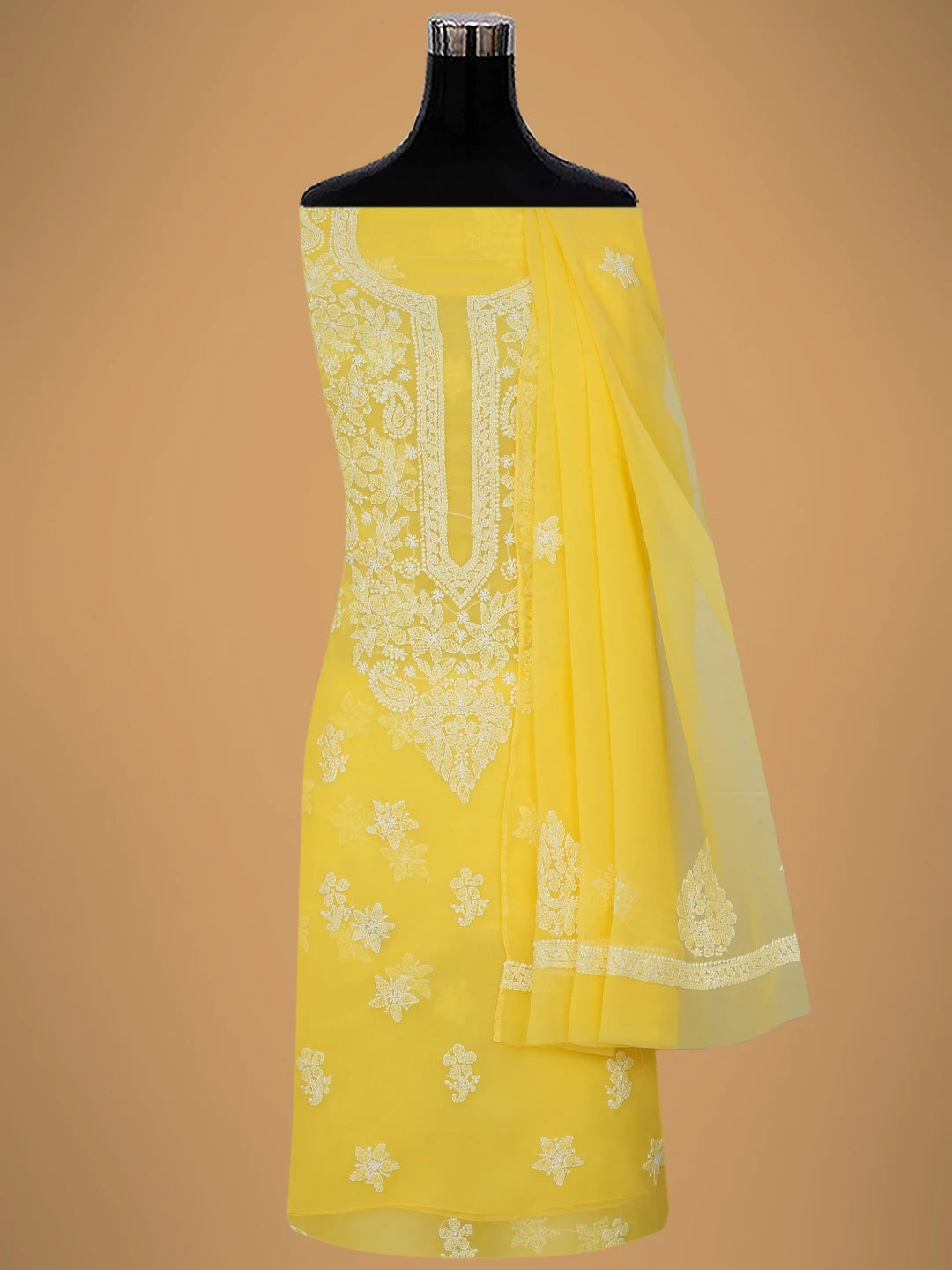 Ada Hand Embroidered Yellow Georgette Lucknowi Chikankari Unstitched Suit Piece 01A696557