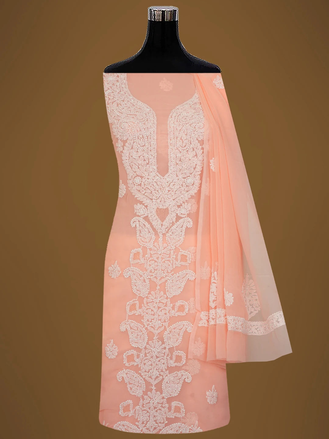 Ada Hand Embroidered Peach Georgette Lucknowi Chikankari Unstitched Suit Piece 01A696564