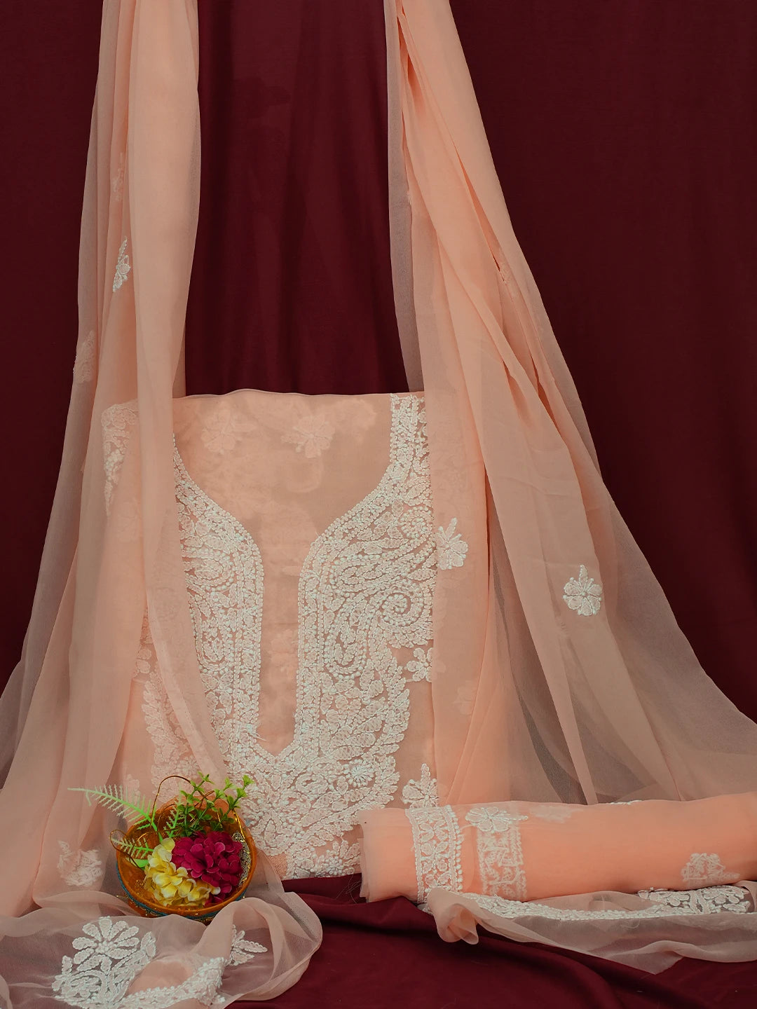 Ada Hand Embroidered Peach Georgette Lucknowi Chikankari Unstitched Suit Piece 01A696564
