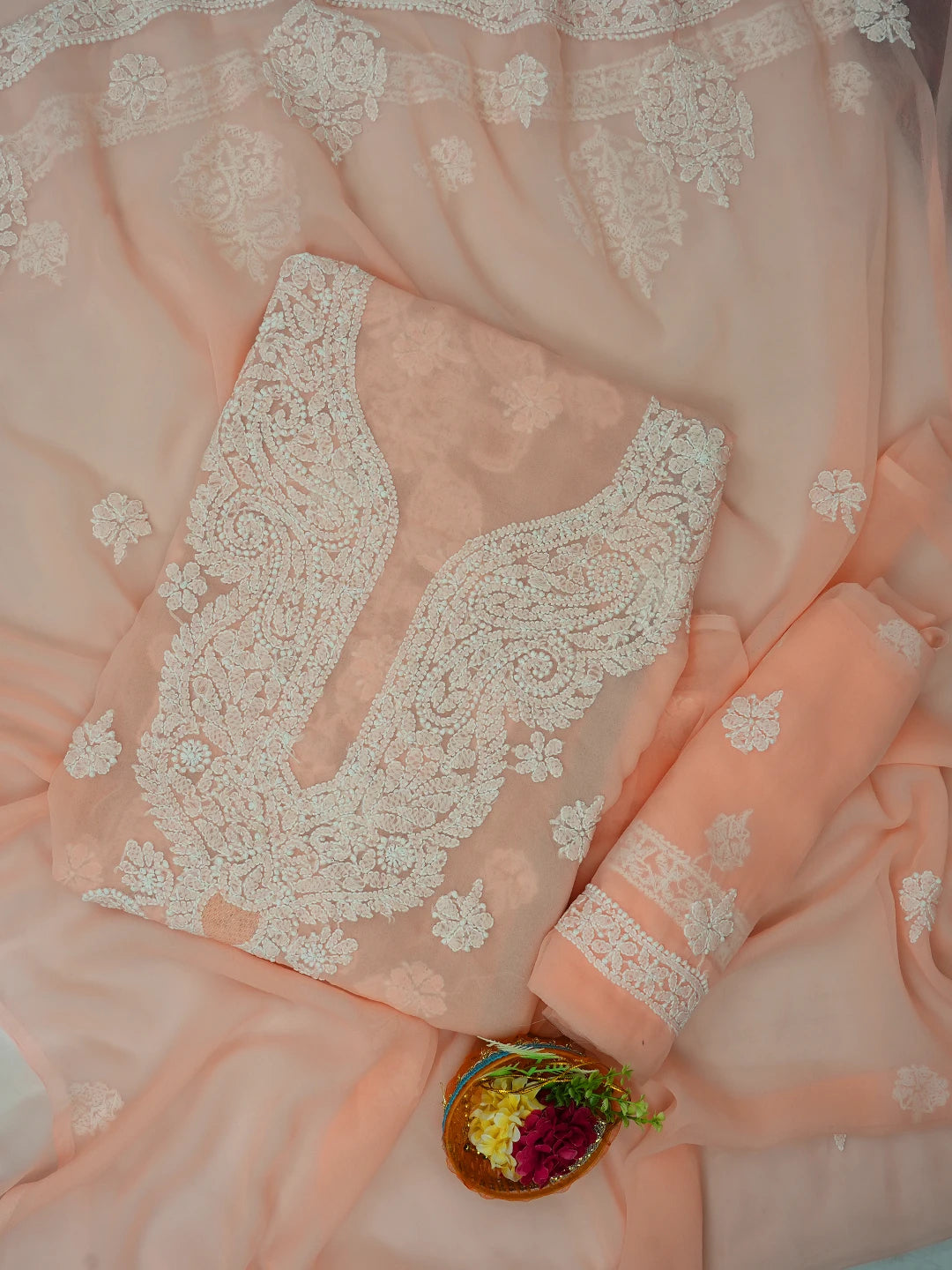 Ada Hand Embroidered Peach Georgette Lucknowi Chikankari Unstitched Suit Piece 01A696564