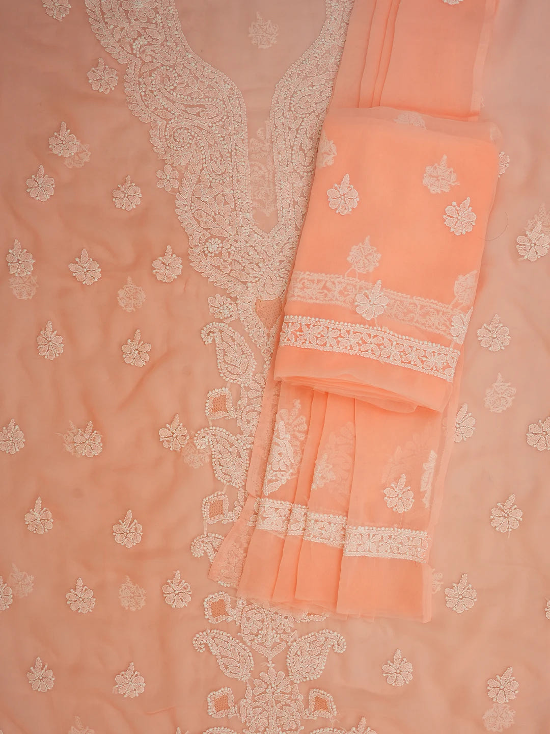 Ada Hand Embroidered Peach Georgette Lucknowi Chikankari Unstitched Suit Piece 01A696564