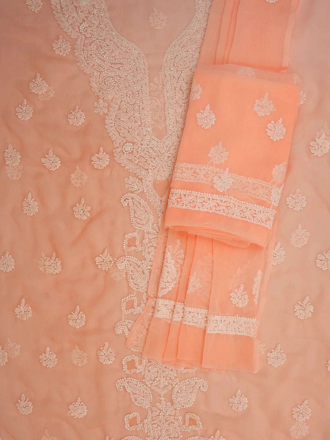 Ada Hand Embroidered Peach Georgette Lucknowi Chikankari Unstitched Suit Piece 01A696564