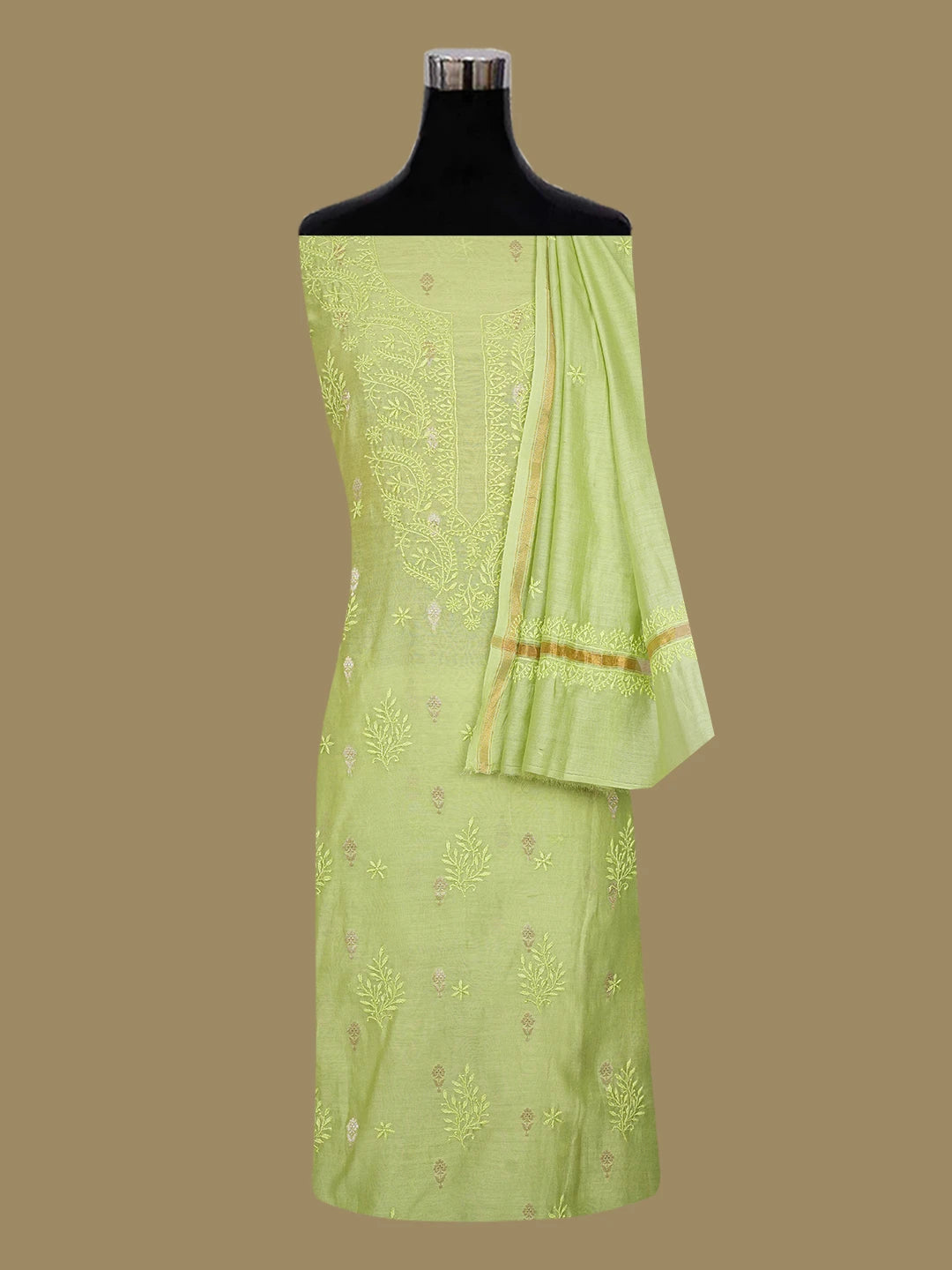 Ada Hand Embroidered Light Green Chanderi Lucknowi Chikankari Unstitched Kurta Dupatta Set 01A680089