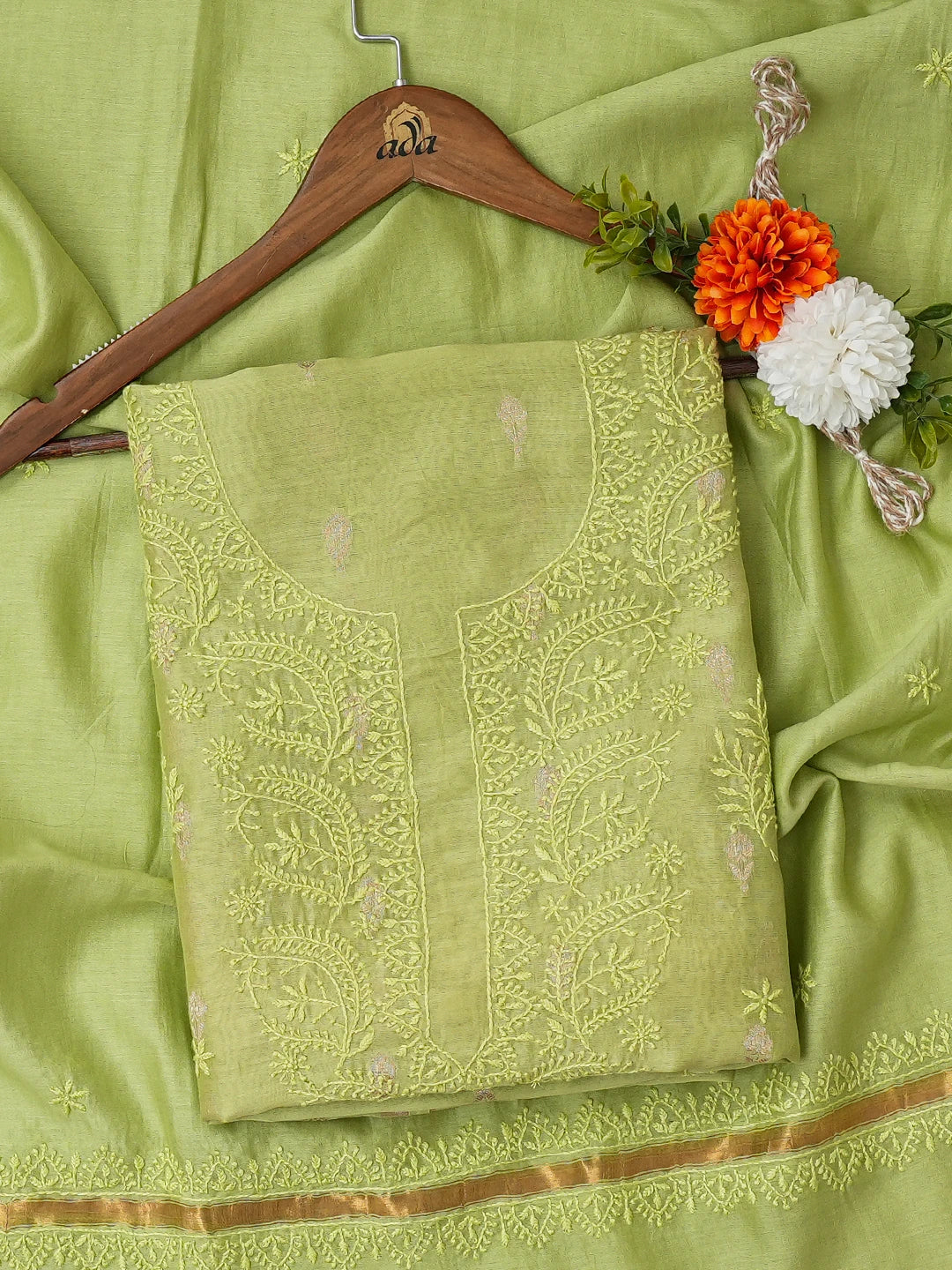 Ada Hand Embroidered Light Green Chanderi Lucknowi Chikankari Unstitched Kurta Dupatta Set 01A680089