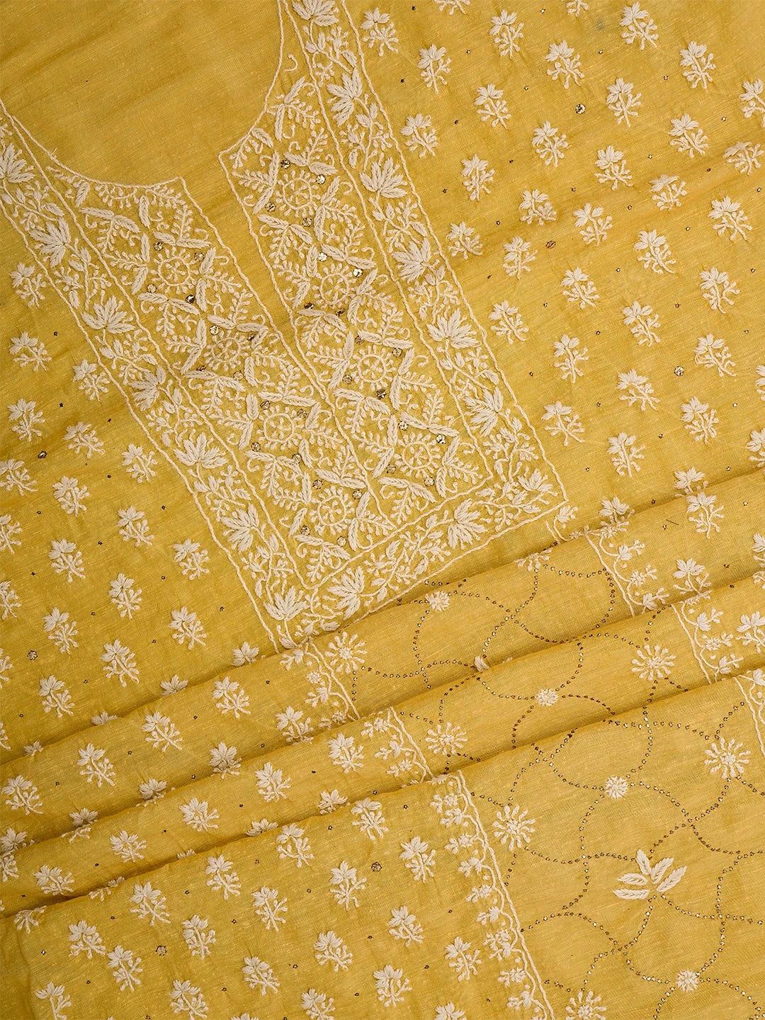 Ada Hand Embroidered Biscuit Yellow Linen Lucknowi Chikankari Unstitched Kurta Dupatta Set With Mukaish Work 01A368684