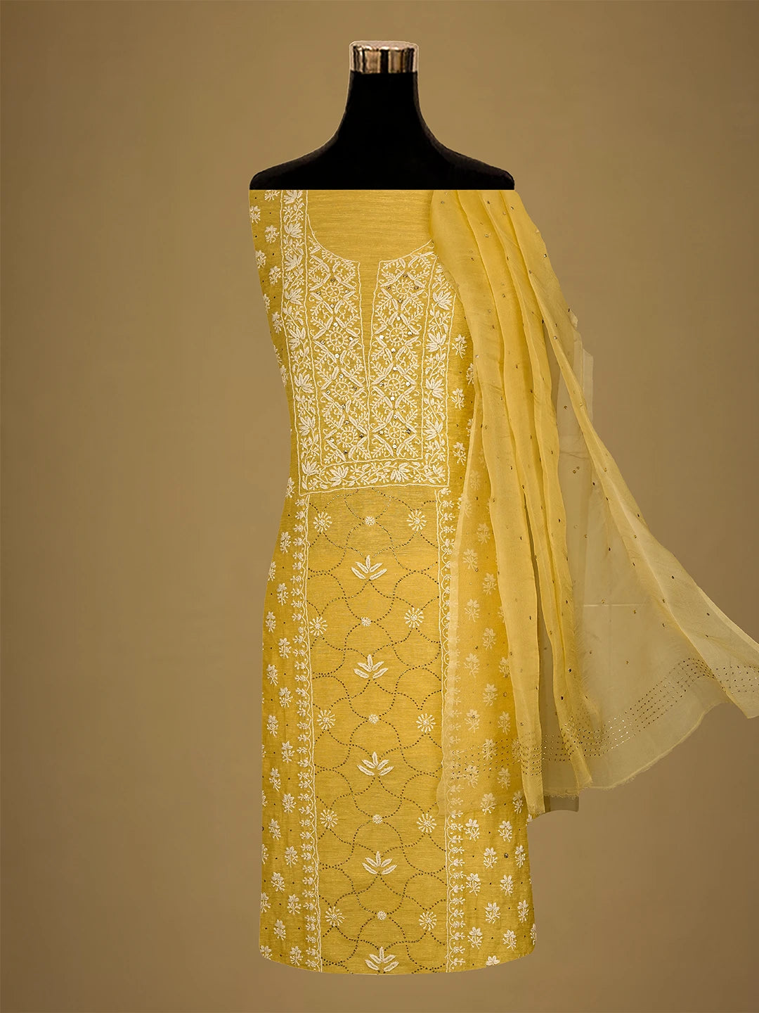 Ada Hand Embroidered Biscuit Yellow Linen Lucknowi Chikankari Unstitched Kurta Dupatta Set With Mukaish Work 01A368684
