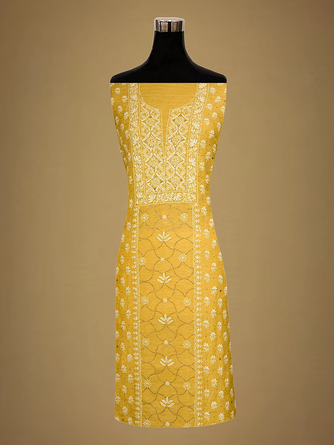 Ada Hand Embroidered Biscuit Yellow Linen Lucknowi Chikankari Unstitched Kurta Dupatta Set With Mukaish Work 01A368684