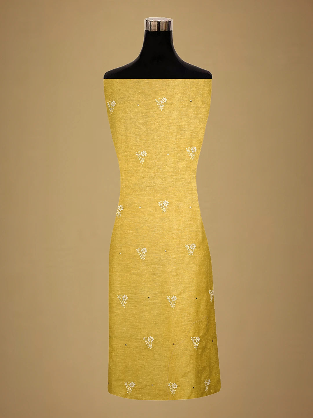 Ada Hand Embroidered Biscuit Yellow Linen Lucknowi Chikankari Unstitched Kurta Dupatta Set With Mukaish Work 01A368684