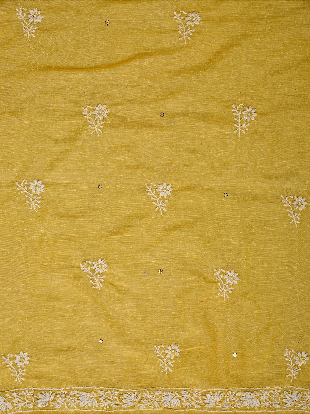 Ada Hand Embroidered Biscuit Yellow Linen Lucknowi Chikankari Unstitched Kurta Dupatta Set With Mukaish Work 01A368684