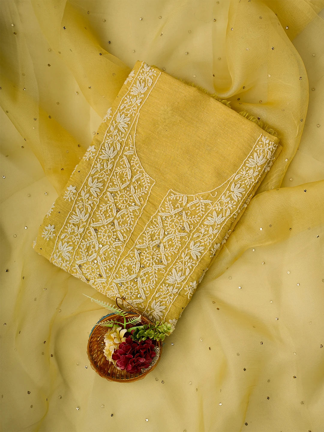 Ada Hand Embroidered Biscuit Yellow Linen Lucknowi Chikankari Unstitched Kurta Dupatta Set With Mukaish Work 01A368684