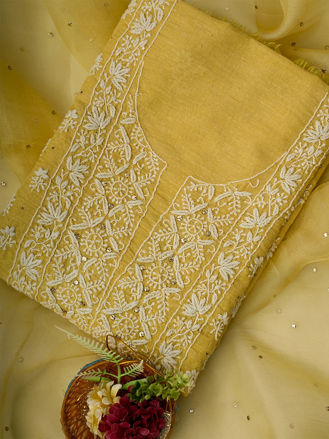 Ada Hand Embroidered Biscuit Yellow Linen Lucknowi Chikankari Unstitched Kurta Dupatta Set With Mukaish Work 01A368684