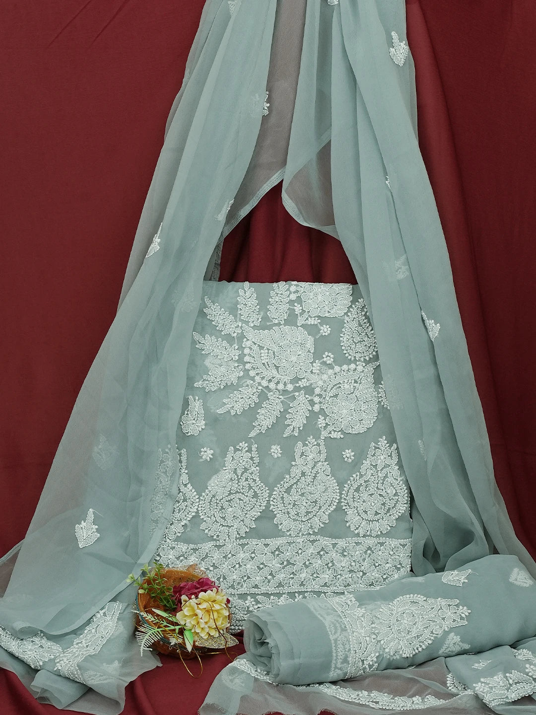 Ada Hand Embroidered Grey Georgette Lucknowi Chikankari Unstitched Suit Piece 01A696605