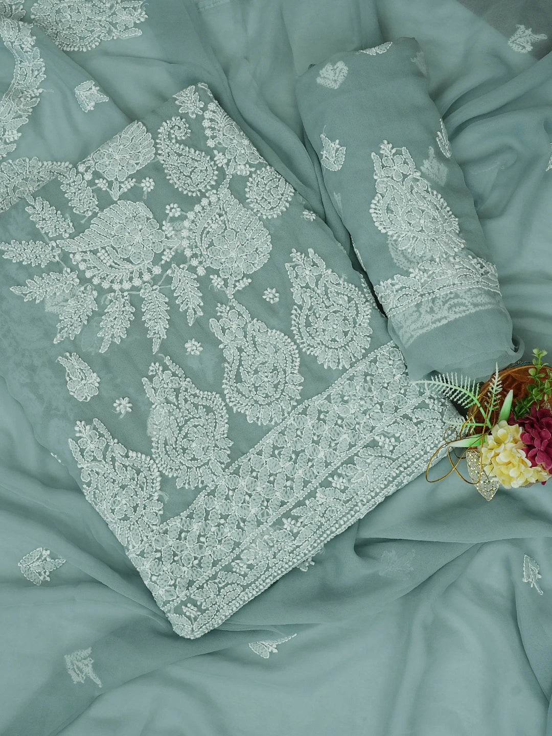 Ada Hand Embroidered Grey Georgette Lucknowi Chikankari Unstitched Suit Piece 01A696605