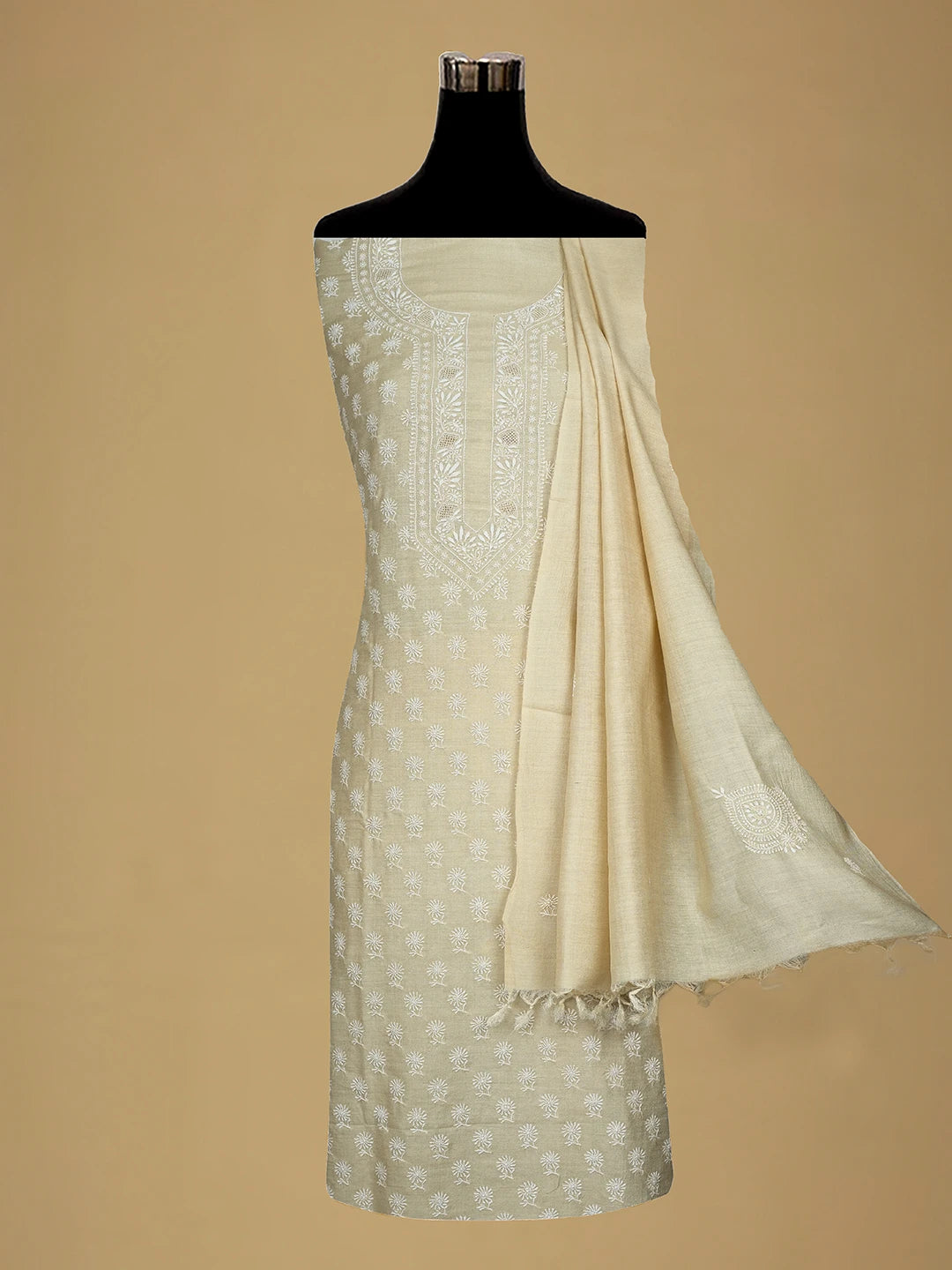 Ada Hand Embroidered Fawn Moonga Silk Lucknowi Chikankari Unstitched Kurta Dupatta Set 01A700332