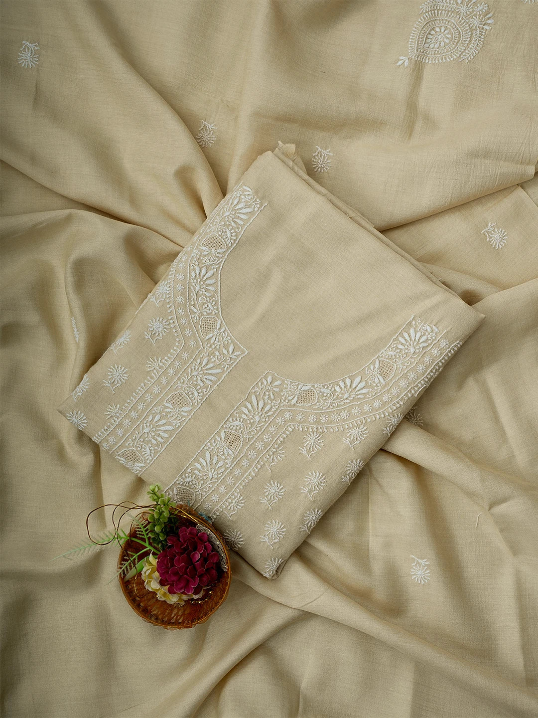 Ada Hand Embroidered Fawn Moonga Silk Lucknowi Chikankari Unstitched Kurta Dupatta Set 01A700332