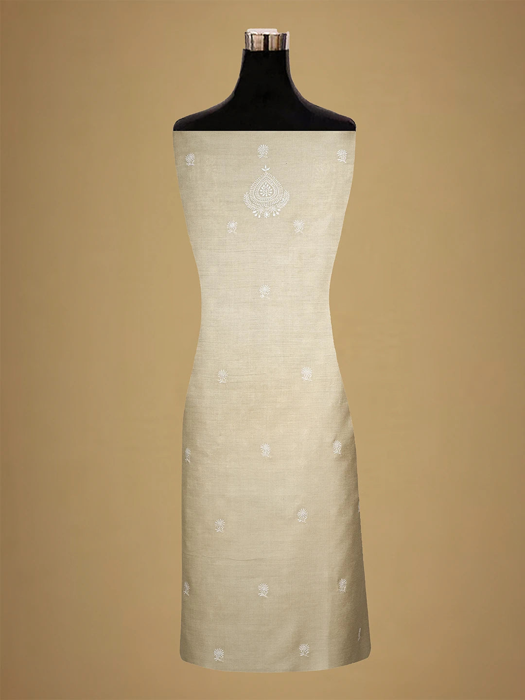 Ada Hand Embroidered Fawn Moonga Silk Lucknowi Chikankari Unstitched Kurta Dupatta Set 01A700332