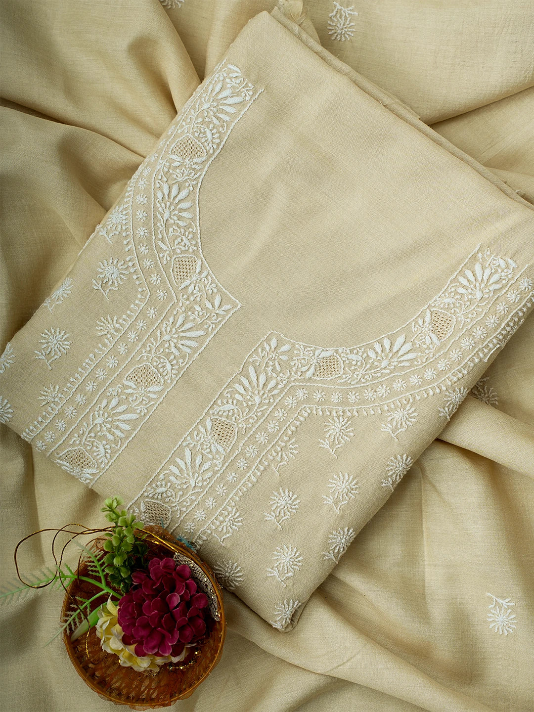 Ada Hand Embroidered Fawn Moonga Silk Lucknowi Chikankari Unstitched Kurta Dupatta Set 01A700332