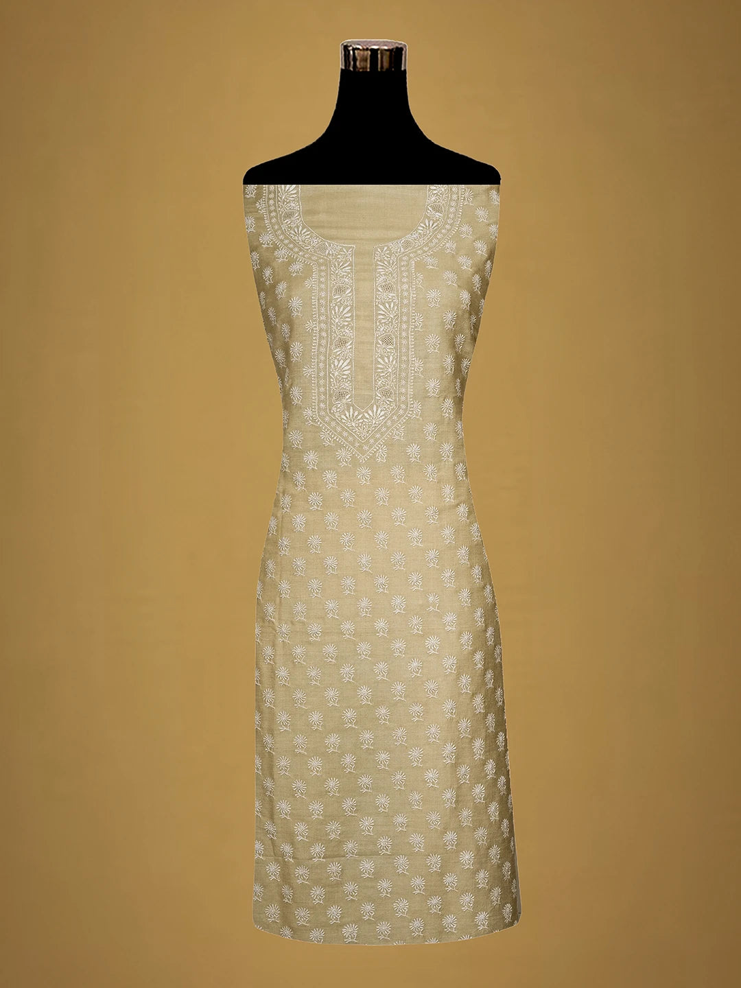Ada Hand Embroidered Fawn Moonga Silk Lucknowi Chikankari Unstitched Kurta Dupatta Set 01A700332