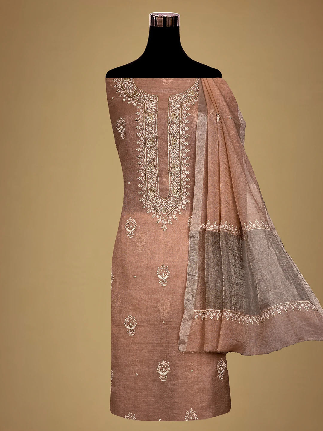 Ada Hand Embroidered Light Salmon Peach Tissue Lucknowi Chikankari Unstitched Kurta Dupatta Set With Cutdana Work 01A702536