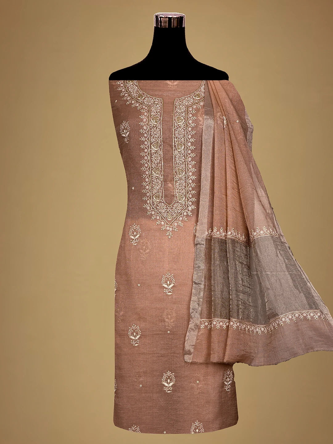 Ada Hand Embroidered Light Salmon Peach Tissue Lucknowi Chikankari Unstitched Kurta Dupatta Set With Cutdana Work 01A702536