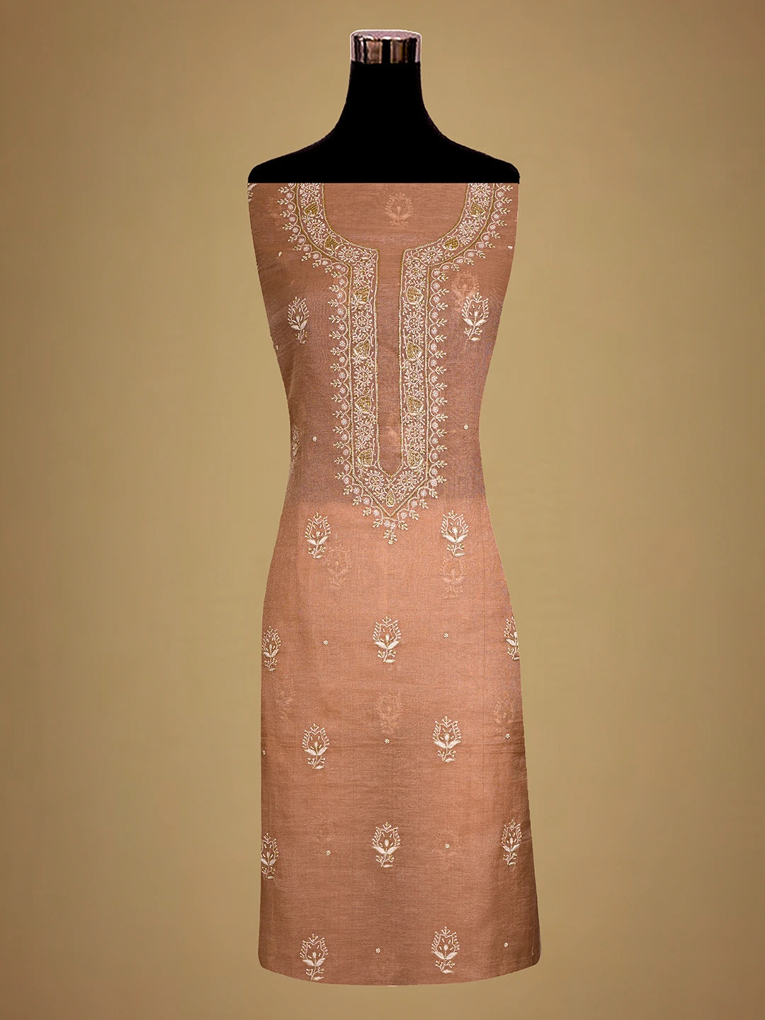 Ada Hand Embroidered Light Salmon Peach Tissue Lucknowi Chikankari Unstitched Kurta Dupatta Set With Cutdana Work 01A702536