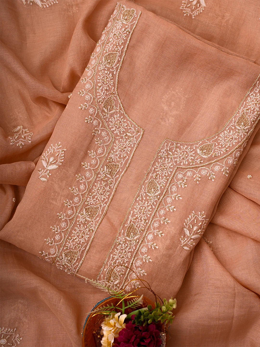 Ada Hand Embroidered Light Salmon Peach Tissue Lucknowi Chikankari Unstitched Kurta Dupatta Set With Cutdana Work 01A702536