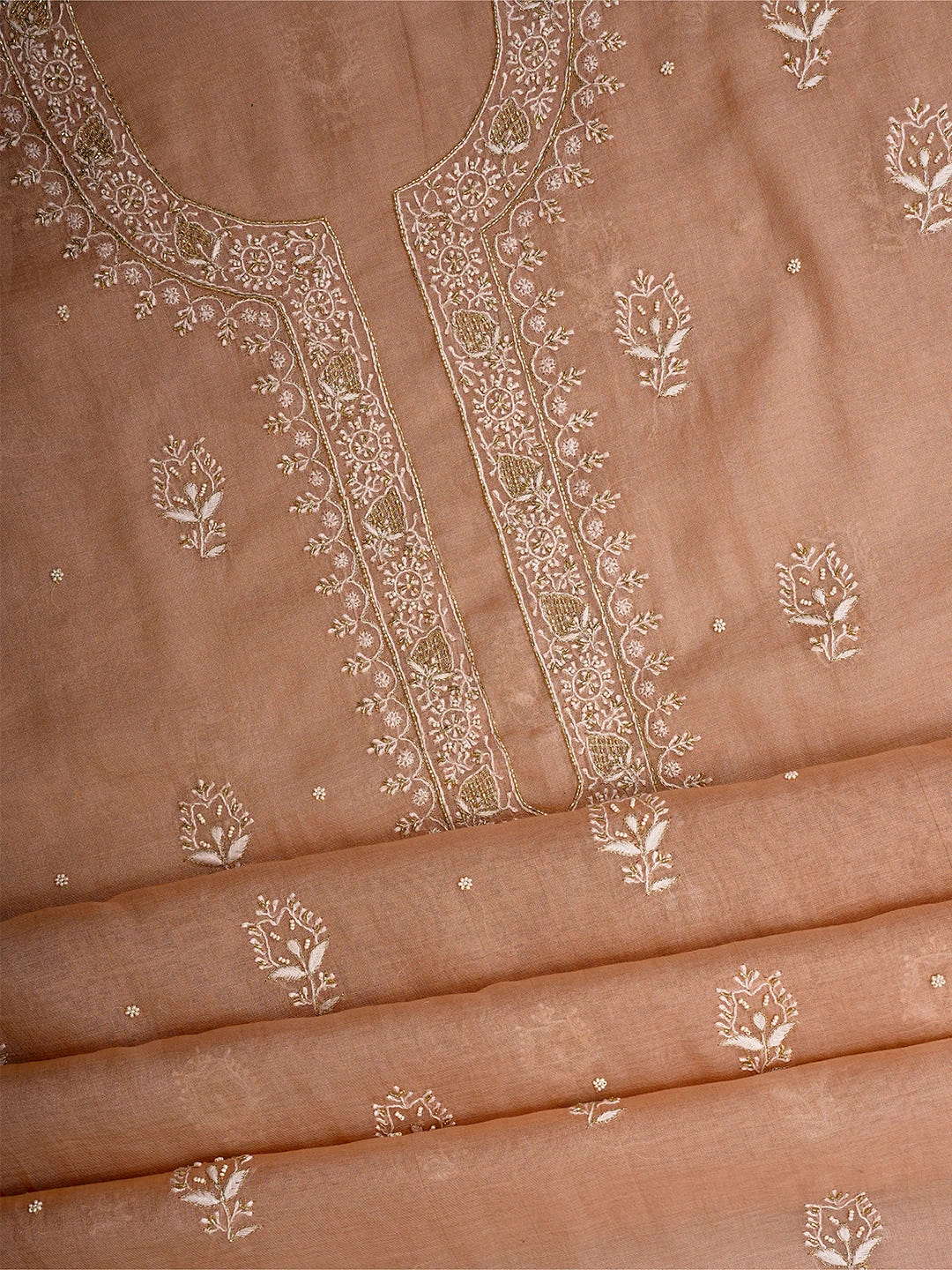 Ada Hand Embroidered Light Salmon Peach Tissue Lucknowi Chikankari Unstitched Kurta Dupatta Set With Cutdana Work 01A702536