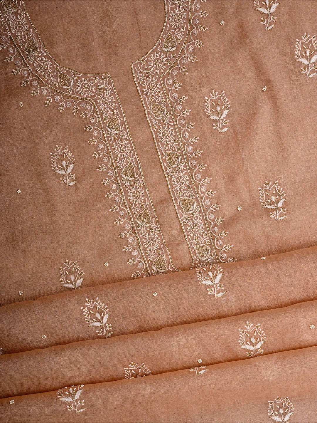 Ada Hand Embroidered Light Salmon Peach Tissue Lucknowi Chikankari Unstitched Kurta Dupatta Set With Cutdana Work 01A702536