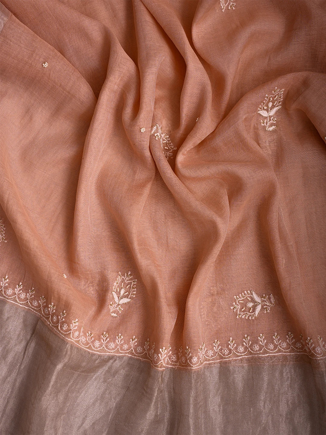 Ada Hand Embroidered Light Salmon Peach Tissue Lucknowi Chikankari Unstitched Kurta Dupatta Set With Cutdana Work 01A702536