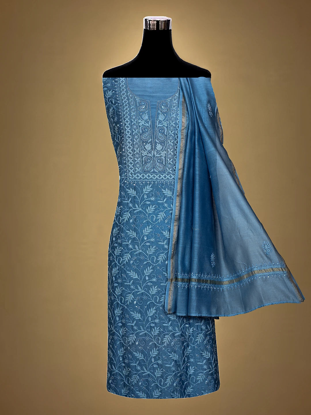 Ada Hand Embroidered Cornflower Blue Chanderi Lucknowi Chikankari Unstitched Kurta Dupatta Set With Cutdana Work 01A665702