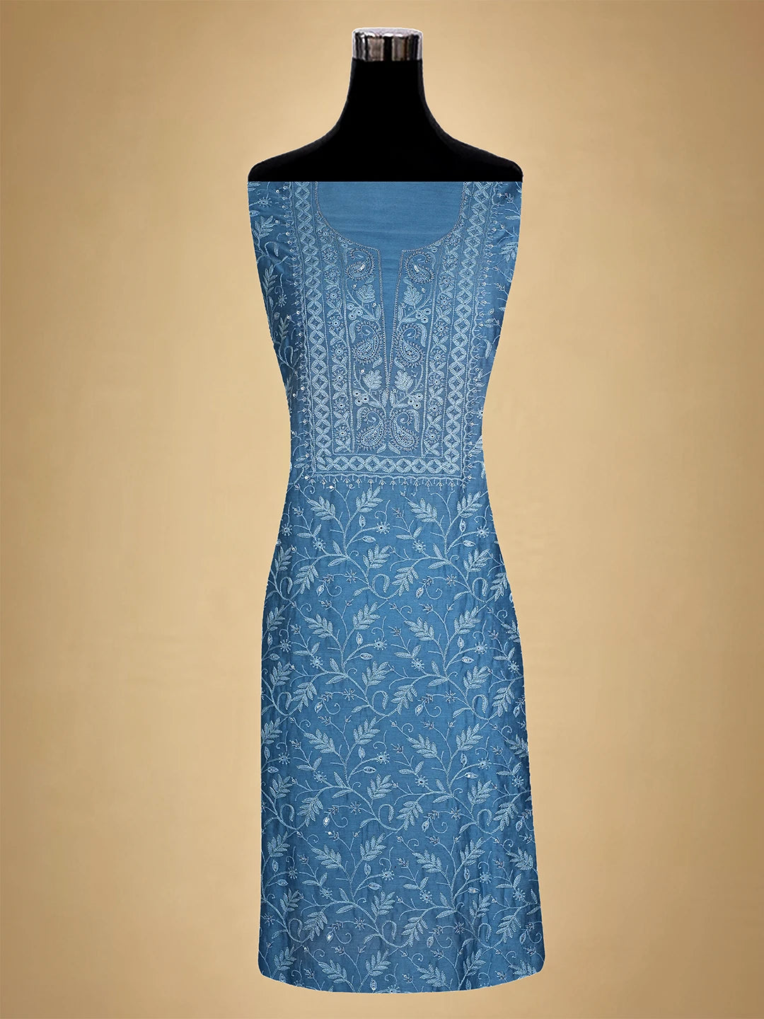 Ada Hand Embroidered Cornflower Blue Chanderi Lucknowi Chikankari Unstitched Kurta Dupatta Set With Cutdana Work 01A665702