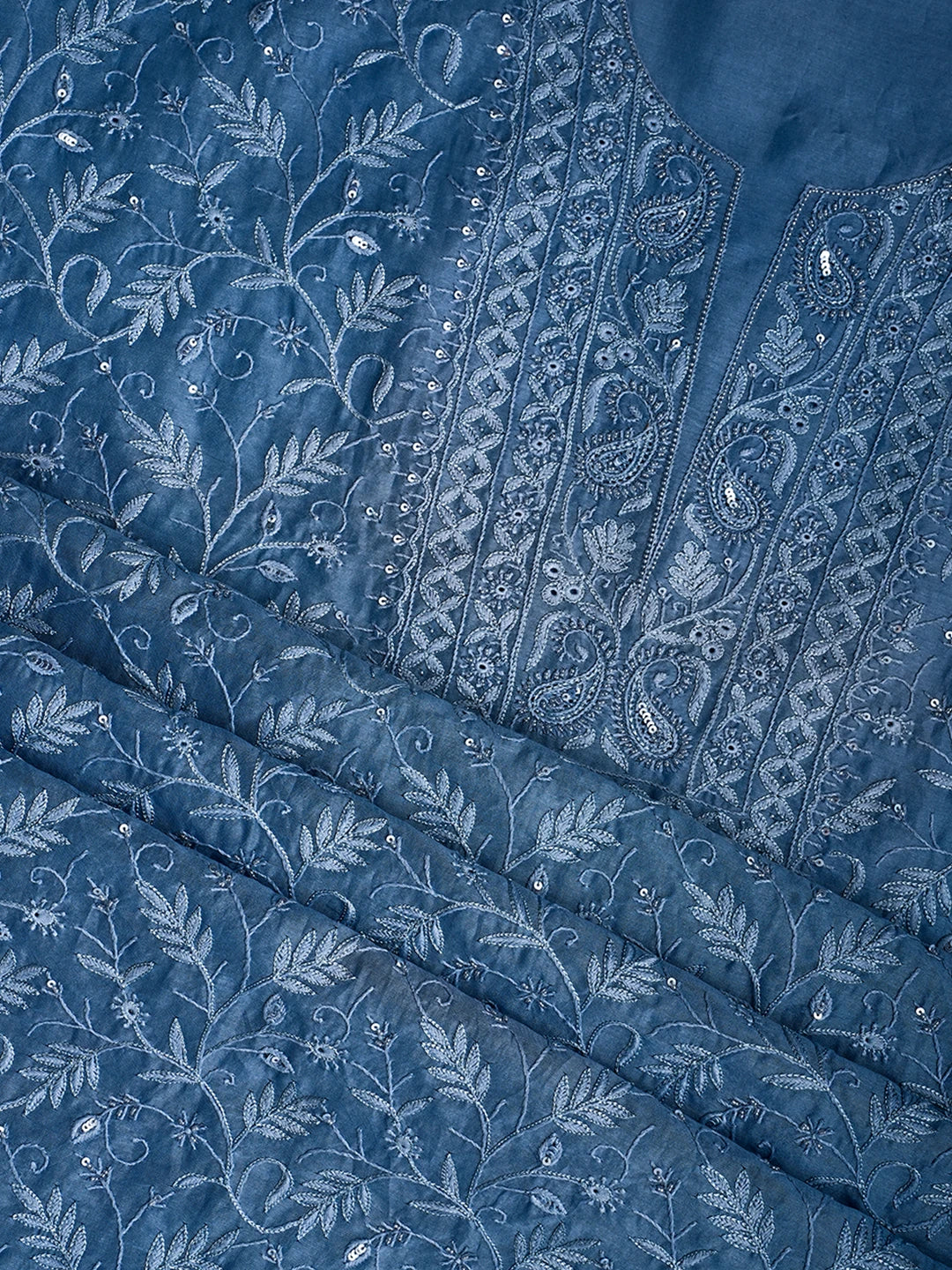 Ada Hand Embroidered Cornflower Blue Chanderi Lucknowi Chikankari Unstitched Kurta Dupatta Set With Cutdana Work 01A665702